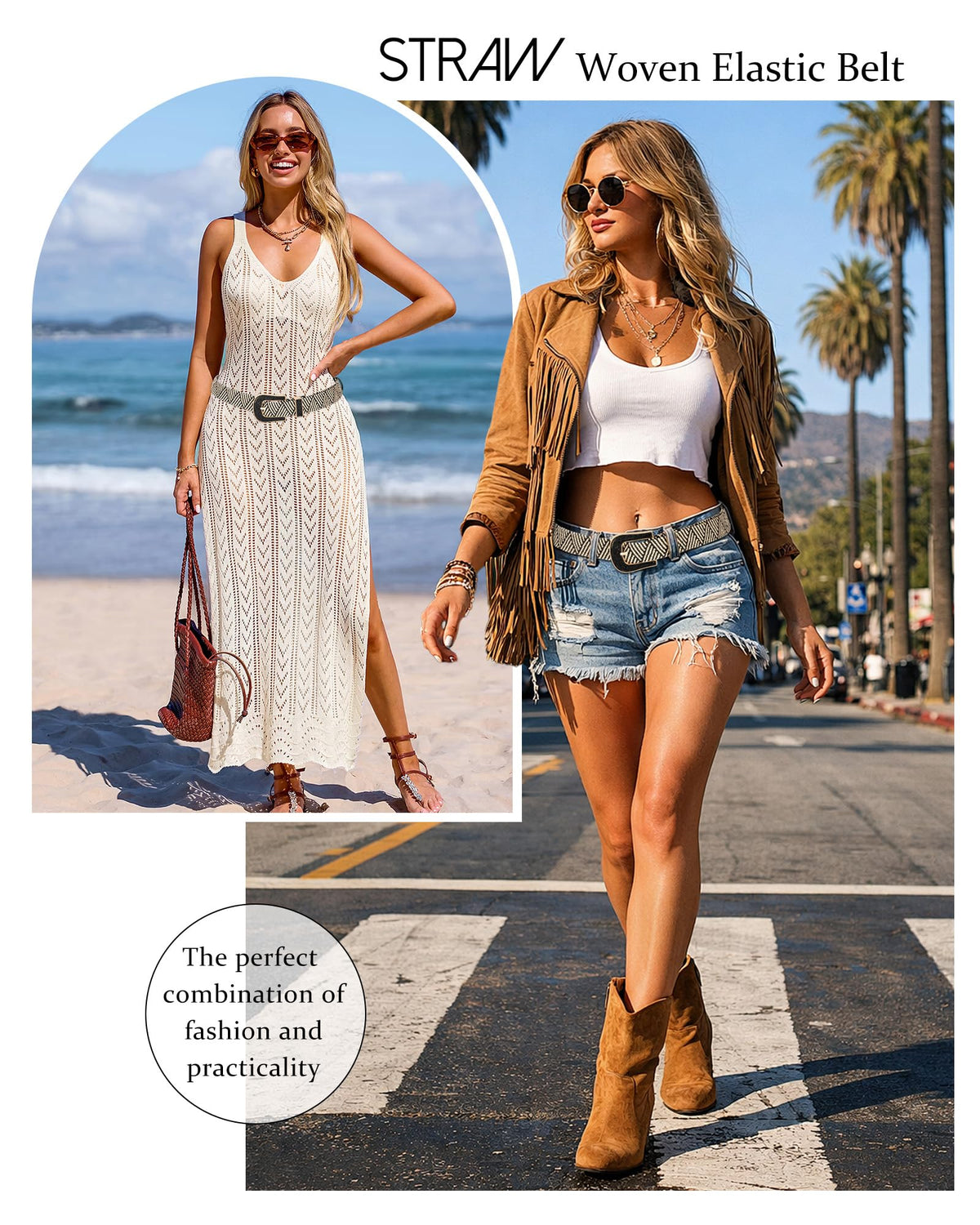 AWAYTR Womens Boho Woven Belt - Easy Care Plastic Elastic Belt with Handmade Raffia Buckle for Daily Vacation Work,Black with Beige Stripes,Fit Waist 31''-36''