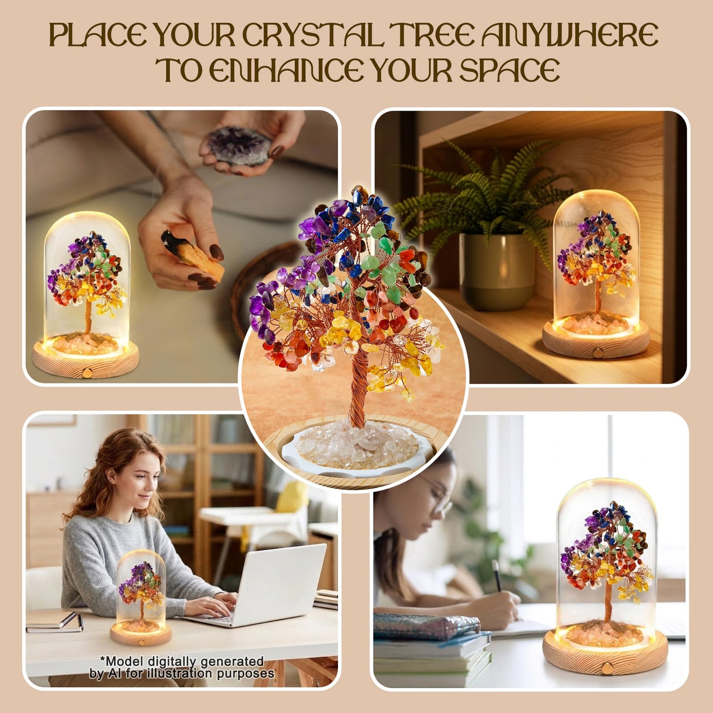 JLDTOP 7 Chakra Crystal Tree LED Night Light Glass Dome Healing Desk Decor