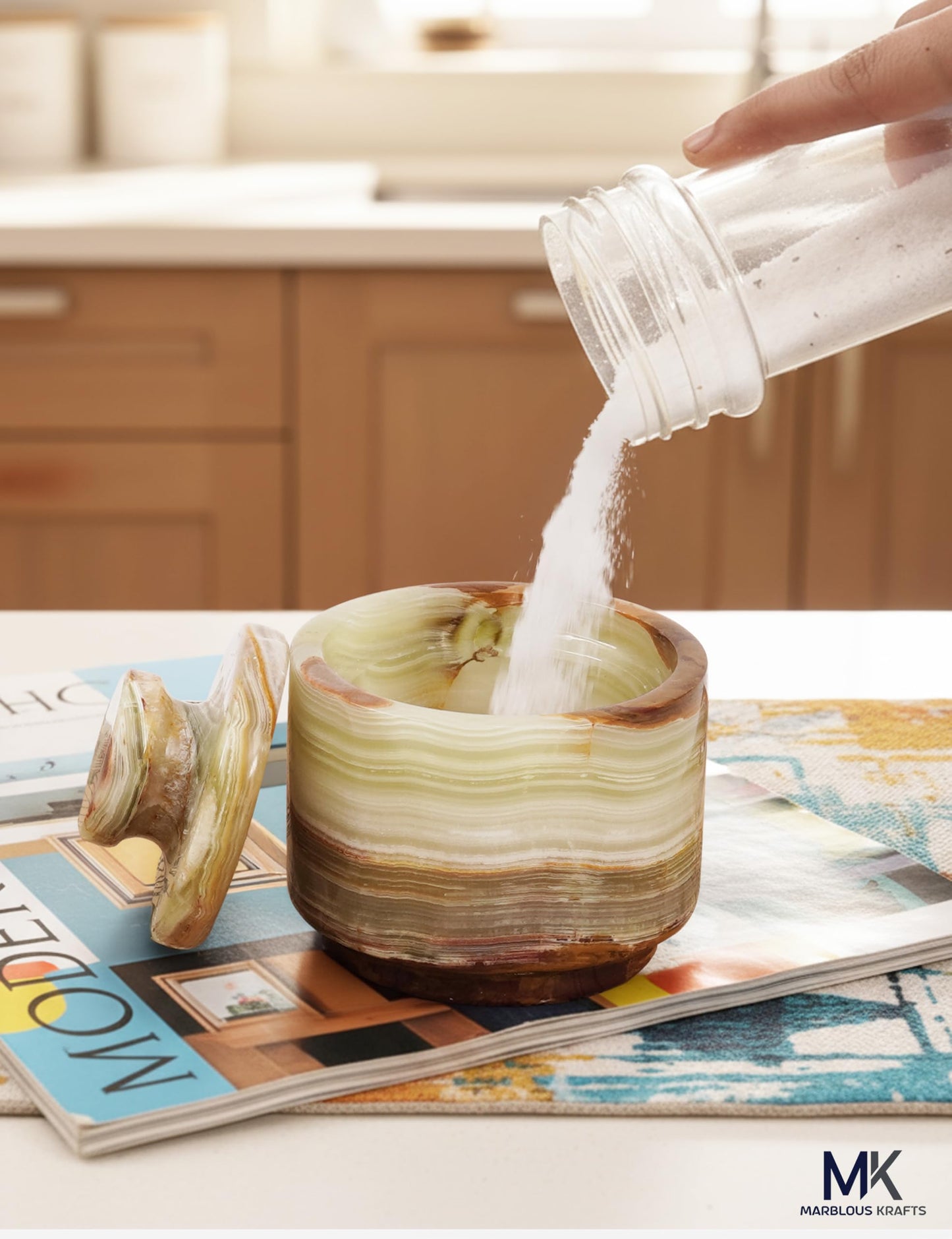 MARBLOUS KRAFTS Marble Salt Cellar with Lid & Spoon 3" Green Onyx Seasoning Container, Spice Holder, and Salt Bowl for Countertop, Perfect for Kitchen Storage, Sugar Jar, and Gift for Her