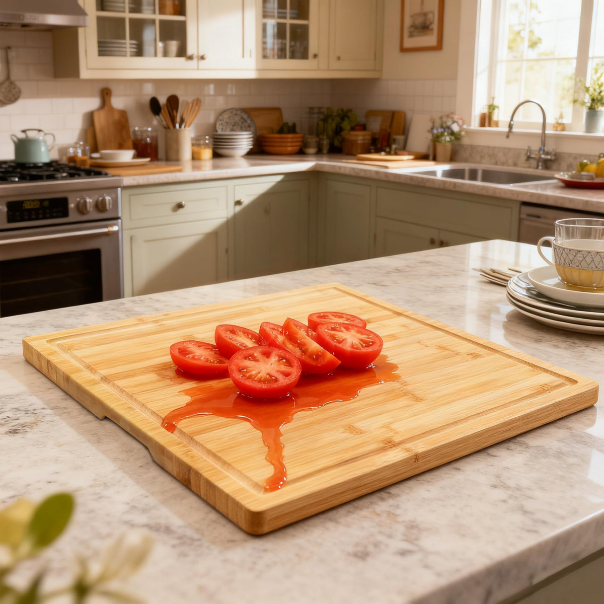 Utoplike Bamboo Cutting Board 20 x 20 inch, Large Wood Chopping Board for Kitchen, Meat, Vegetables, BBQ, Square Butcher Block with Juice Groove and handle, 1"Th