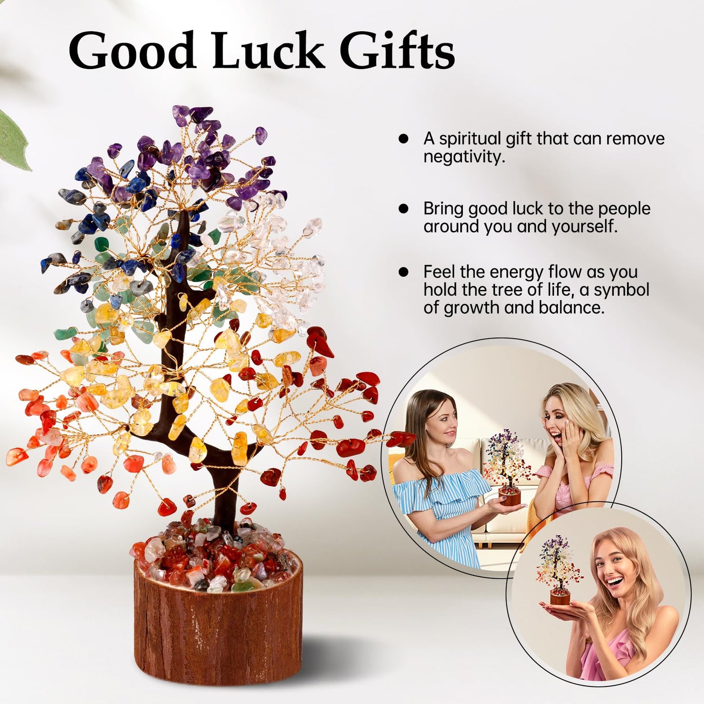 Hazms 7 Chakra Crystal Tree of Life - 8.7 Inches Healing Crystal Tree and 7 Crystals Office and Home Decor Positive Energy Seven Chakra Trees and Healing Stones Spiritual Birthday Gifts for Women