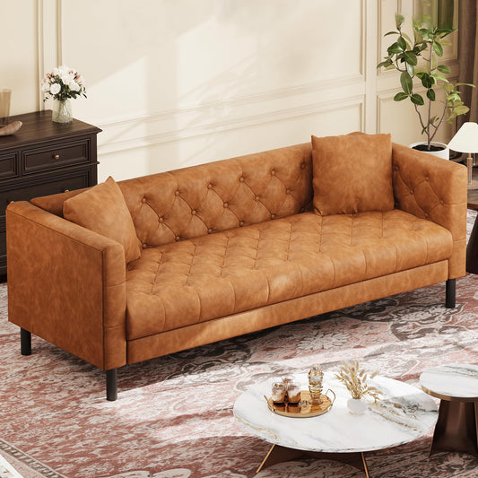 GarveeHome 81" Leather Couch for Living Room, Chesterfield Sofa with Deep Seat, Handmade Button Tufted 3 Seater Sofa, Modern Leather Sofa for Apartment, or Office, Cognac Tan