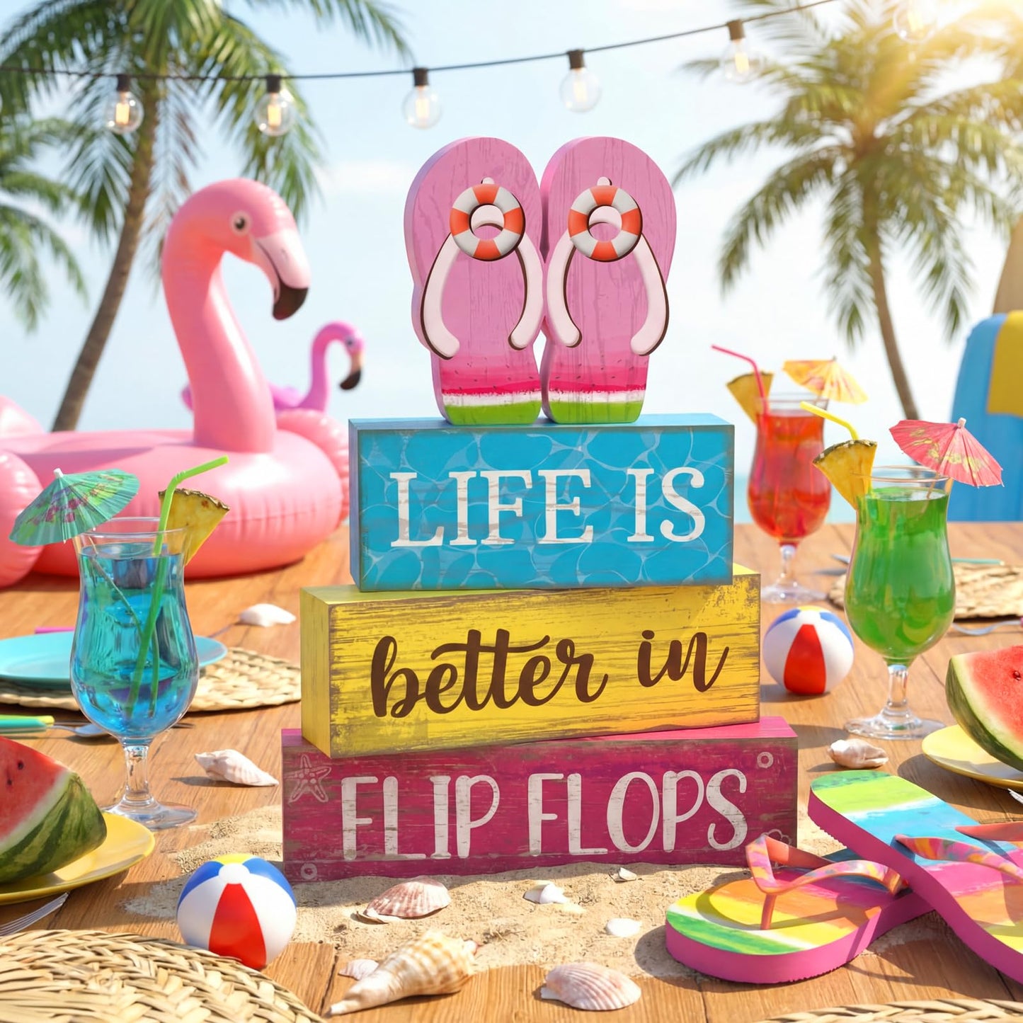 Yuntau 4 Pcs Summer Decorations for Home Flip Flops Table Decorations Wooden Sign Beach Table Centerpiece Summer Tiered Tray Decor Decorative Faux Book Stack Block for Office Coffee Mantel Shelf