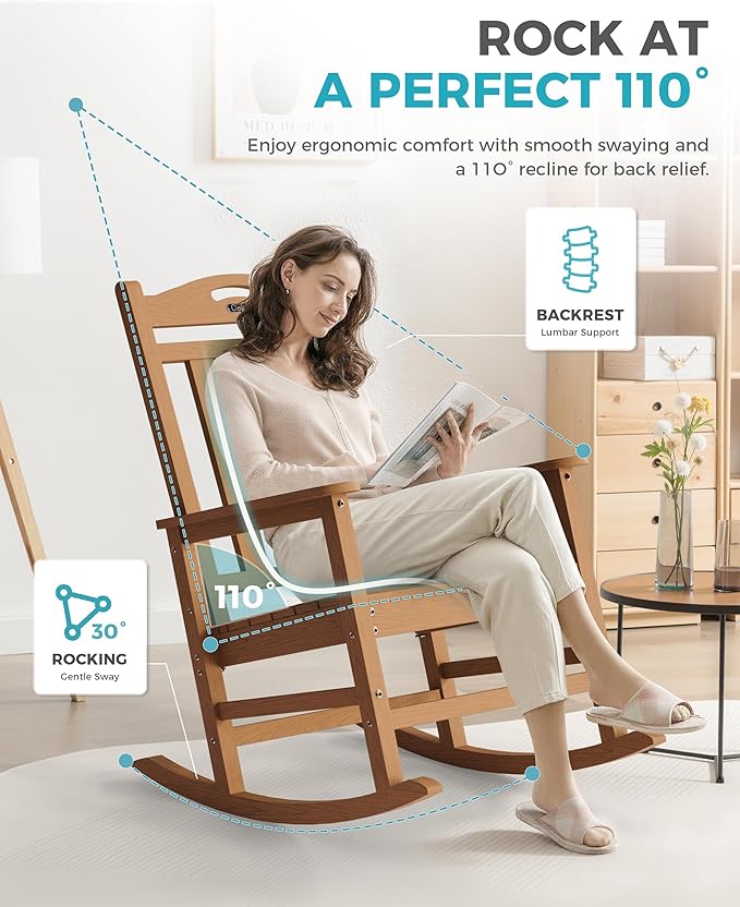 Ciokea Oversized Outdoor Rocking Chair, 380lbs Heavy-Duty Large Patio Rocker, Weather Resistant & Anti-Fade Porch Chair, High Back Cozy Rocking Chair for Outside, Fire Pit, Deck, Garden, Teak