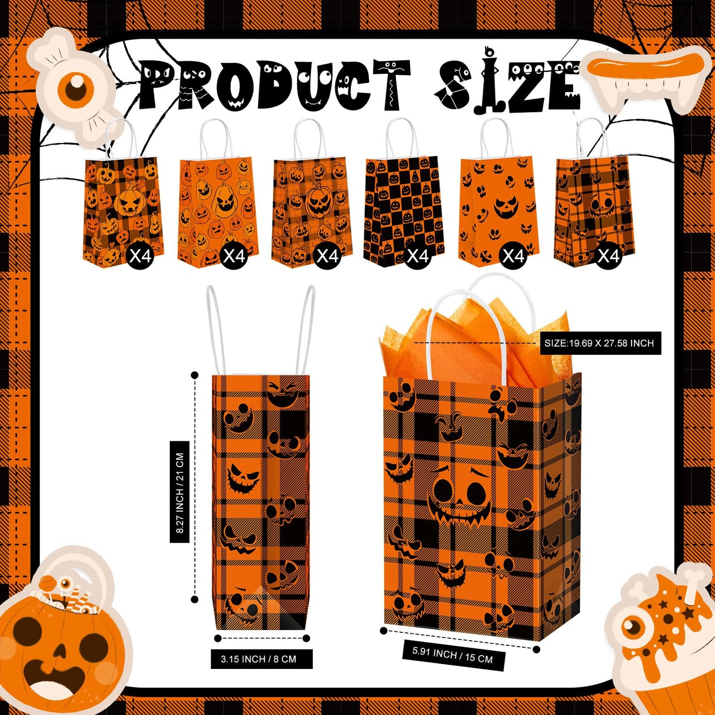 Kolldenn 24 Pcs Halloween Paper Gift Bags with Tissue Paper Pumpkin Goodie Treat Bags with Handles Wrapping Candy Party Favors Bag for Celebration Supplies Decorations
