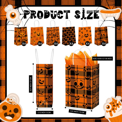 Kolldenn 24 Pcs Halloween Paper Gift Bags with Tissue Paper Pumpkin Goodie Treat Bags with Handles Wrapping Candy Party Favors Bag for Celebration Supplies Decorations