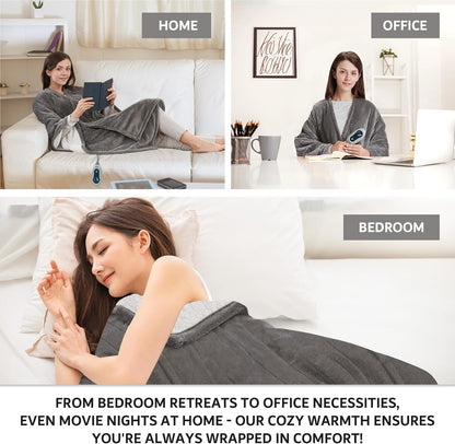 Beautyrest Heated Throw Blanket Wearable Shawl for Gifts, Sherpa to Fleece Electric Wrap Poncho, Auto Shut Off, Virtually No EMF, 3 Heat Level, UL Certified, Machine Wash, Grey 50"x64"