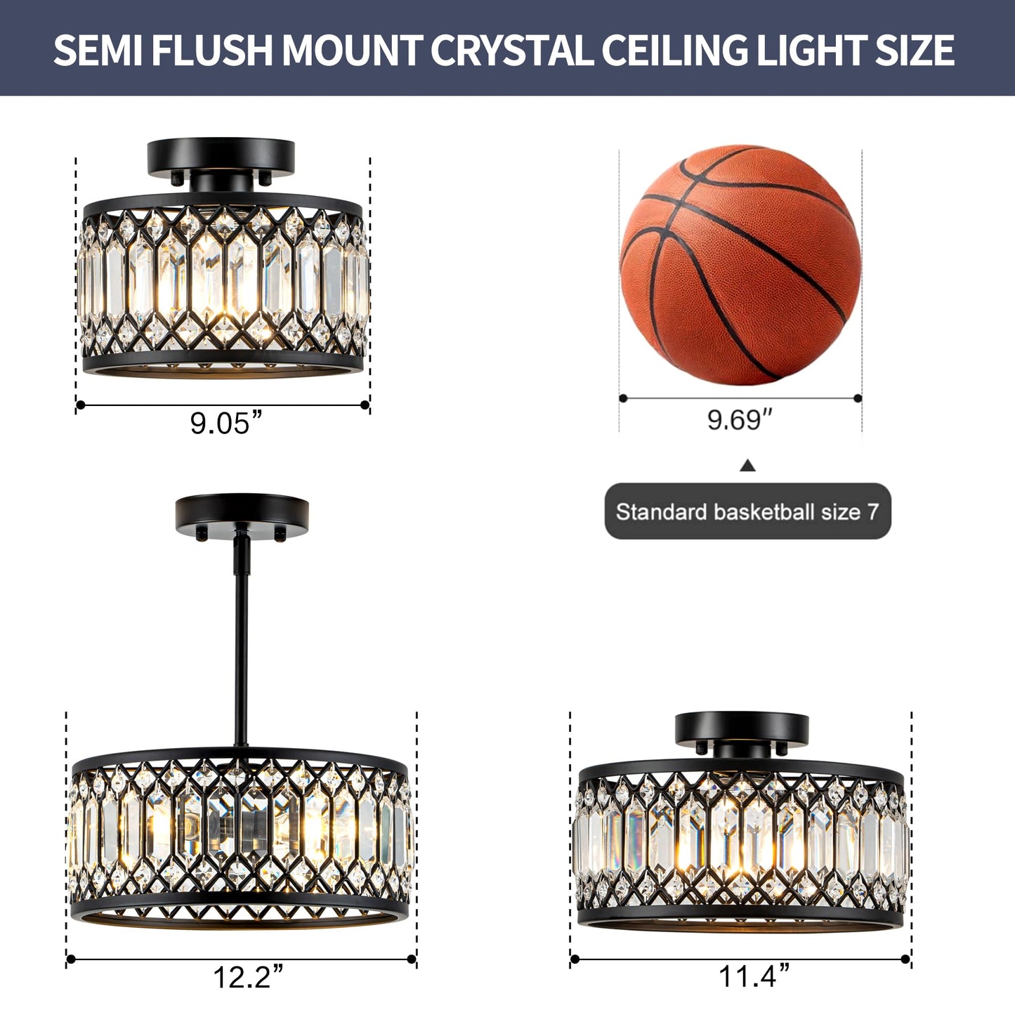 Zlepmlla 9 Inch Crystal Ceiling Light, Black Flush Mount Ceiling Light Fixture, Flush Mount Chandelier, Light Fixture for Hallway, Entryway, Bathroom; Laundry Room, Kitchen, 1 Light
