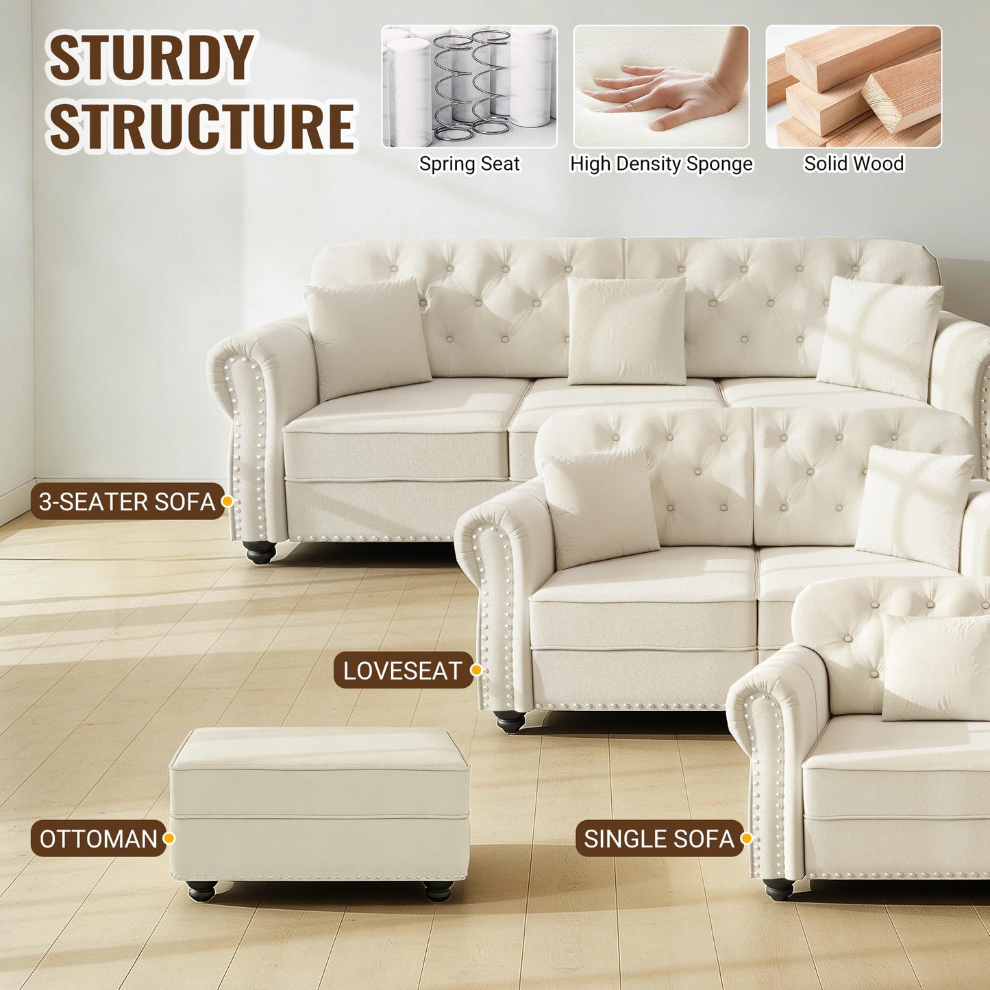 KEIKI 2-Piece Chesterfield Sofa Set with 1 Velvet 3-Seater Sofa & 1 Loveseat Sofa, Upholstered 5-Seater Couch Set with Nailhead Trim & Rolled Arms & 1 Ottoman & 5 Pillow, for Living Room, White