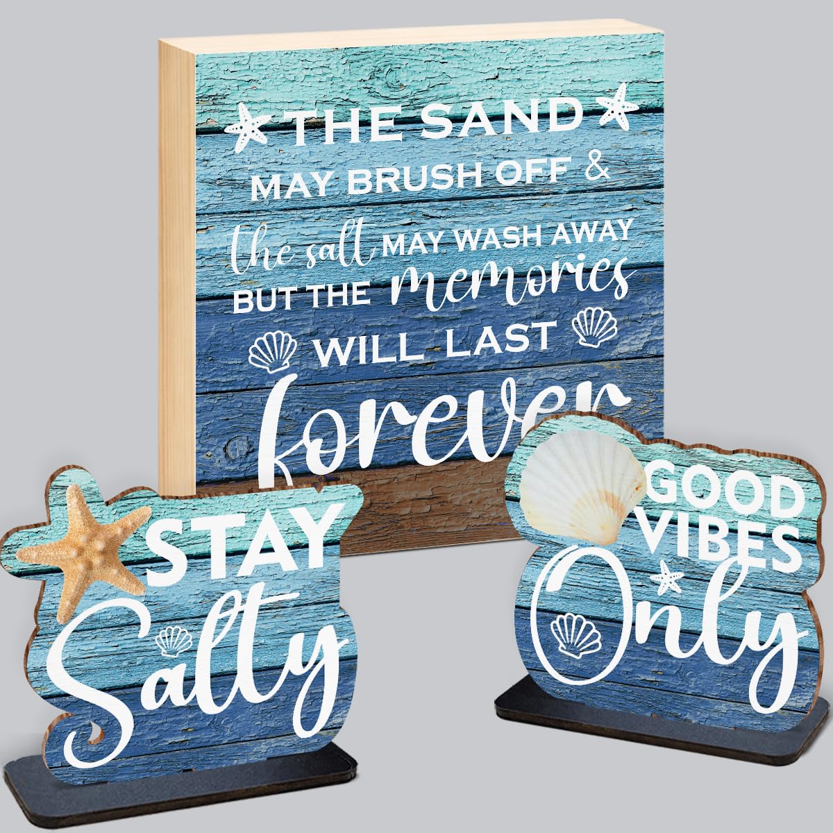 3 Pcs Summer Beach Decorations Wooden Sign - Stay Salty Centerpieces for Tiered Tray Table Desk Bedroom Boys Room Party Shelf Decoration