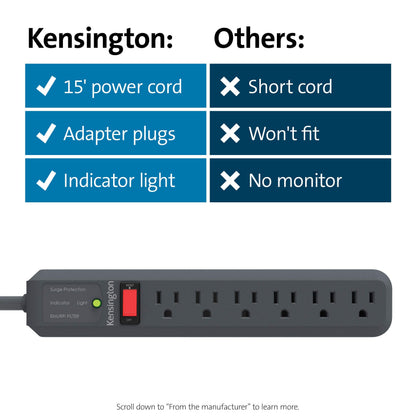 Kensington Guardian 6 Outlet Power Strip, 15ft Surge Protector, 15-Foot Cord, 540 Joules, Black(K38215NA)