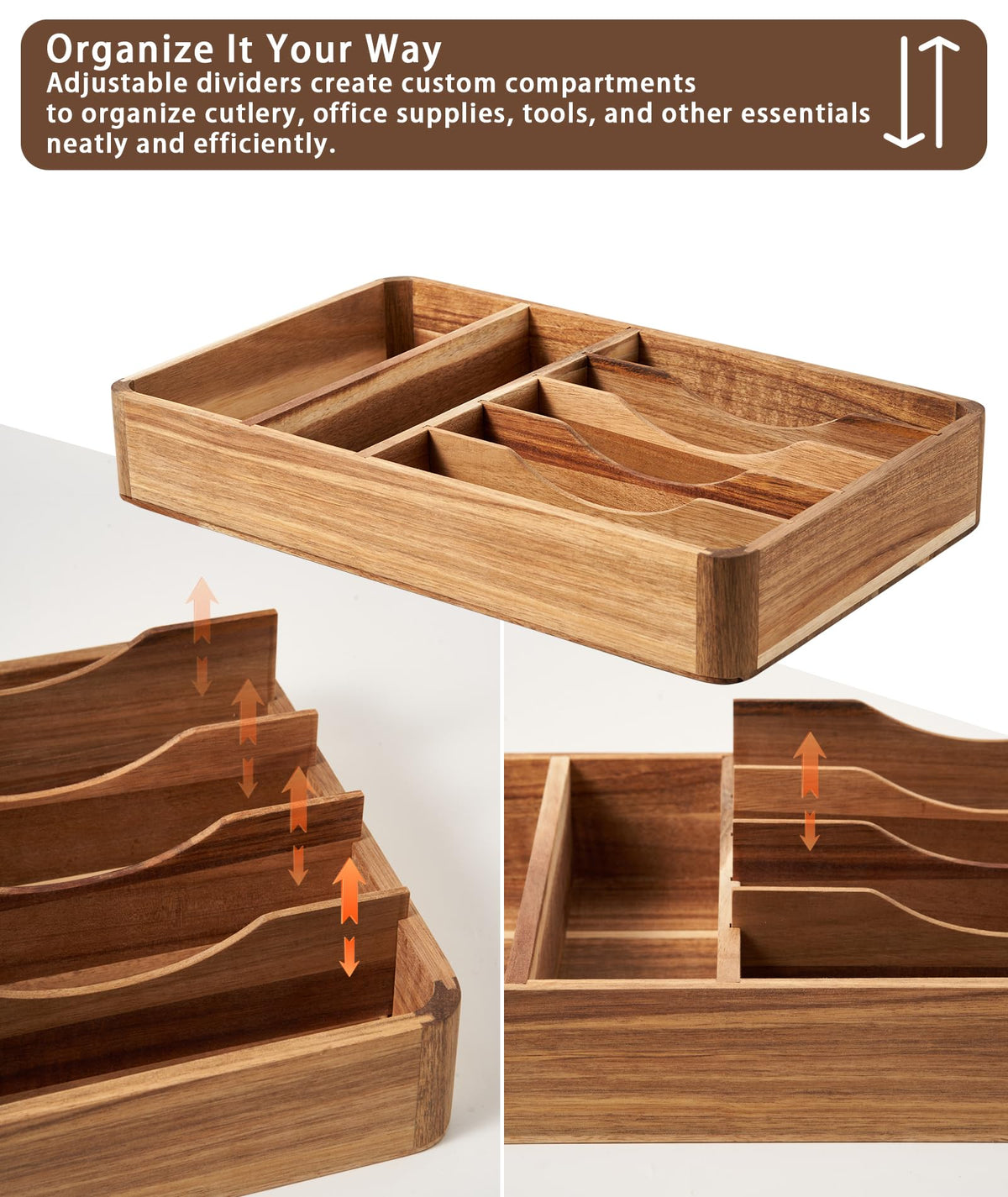 blossome better addition to better life Silverware Drawer Organizer, Acacia Wood Tray for Cutlery & Flatware | Fixed 10.5" Wide, 7-Compartment Utensil Holder for Forks & Spoons