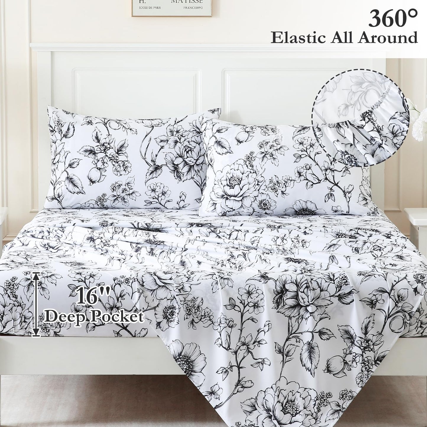 MICORAL Queen Sheet Set Boho Floral Sheets, 4-Piece Printed Botanical Bed Sheets, 16" Deep Pocket, Ultra Soft & Cooling Sheet, Oeko-TEX Certified, Black White Flower