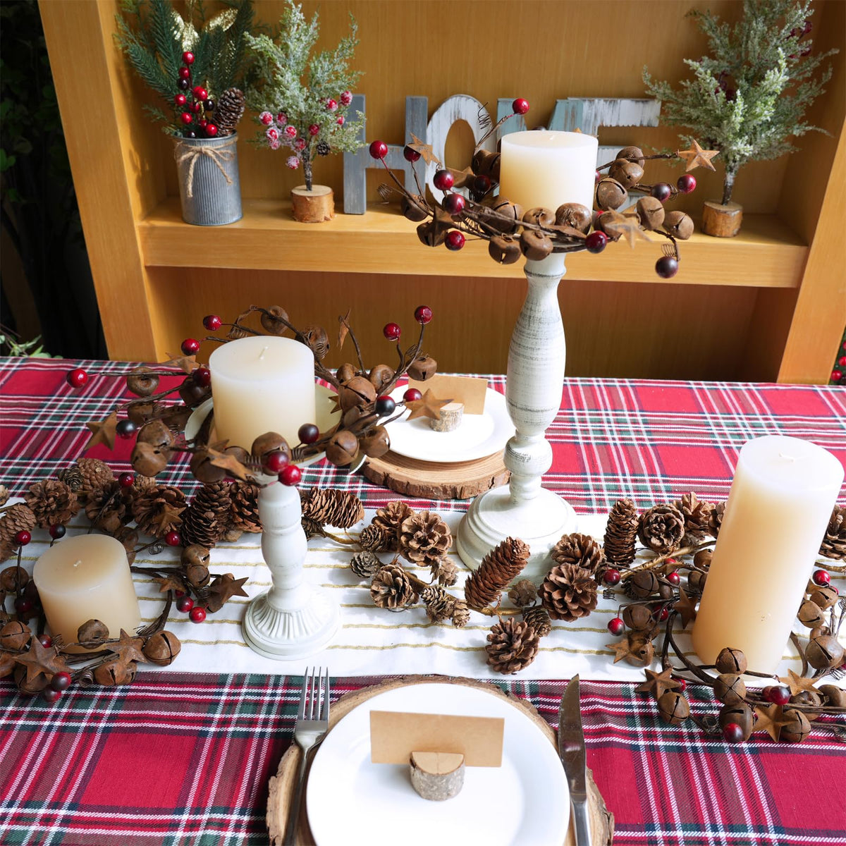 Winlyn 4 Pcs Christmas Jingle Bells Candle Rings Rusty Bells and Stars Wreaths Burgundy Berries 4.1" Center Mini Decorative Wreaths for Primitive Farmhouse Holiday Home Table Decoration Centerpiece