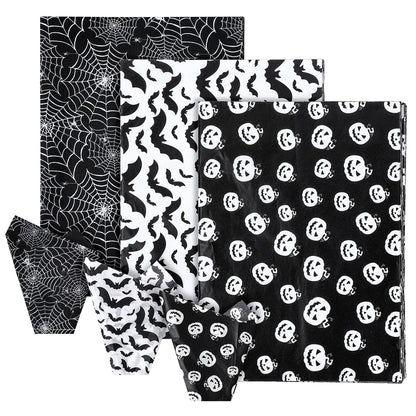 Whaline 120 Sheet Halloween Tissue Paper Black and White Wrap Tissue Paper with Cobweb Bat Pumpkin Pattern Gift Wrapping Paper for Fall Halloween Party Gift Packing DIY Craft, 13.8 x 19.7 Inch