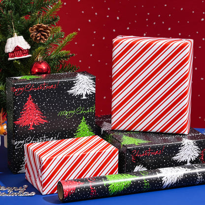 ZINTBIAL Christmas Tree Reversible Wrapping Paper Roll - Gift Wrap with Red & White Stripes on Reverse - Perfect for Holidays, Birthdays, and Halloween - 17.5 in x 33 ft (48 sq. ft)