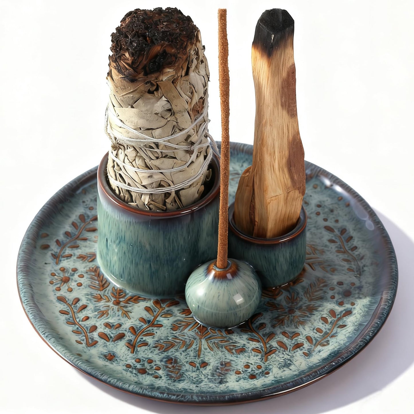 Reyife 5 in 1 Incense Holder Burner, 5.9" Ceramic Holder for Burning Palo Santo Sage Candle and Incense Sticks Cones, Ash Catcher Tray for Meditation Room Home Décor (Bluegrey)