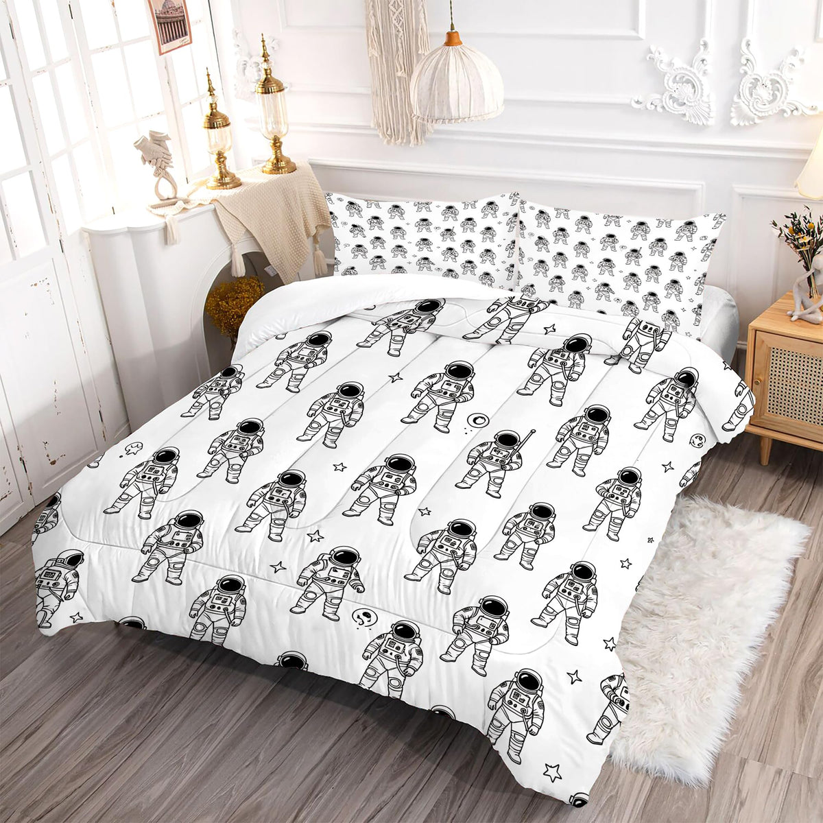VTKON Black and White Astronaut 3Pcs Comforter Set for Boys, Queen Size Spaceman and Star Bedding Set, Line Print Galaxy Bed Sets for Kids Bedroom with 2 Pillowcases