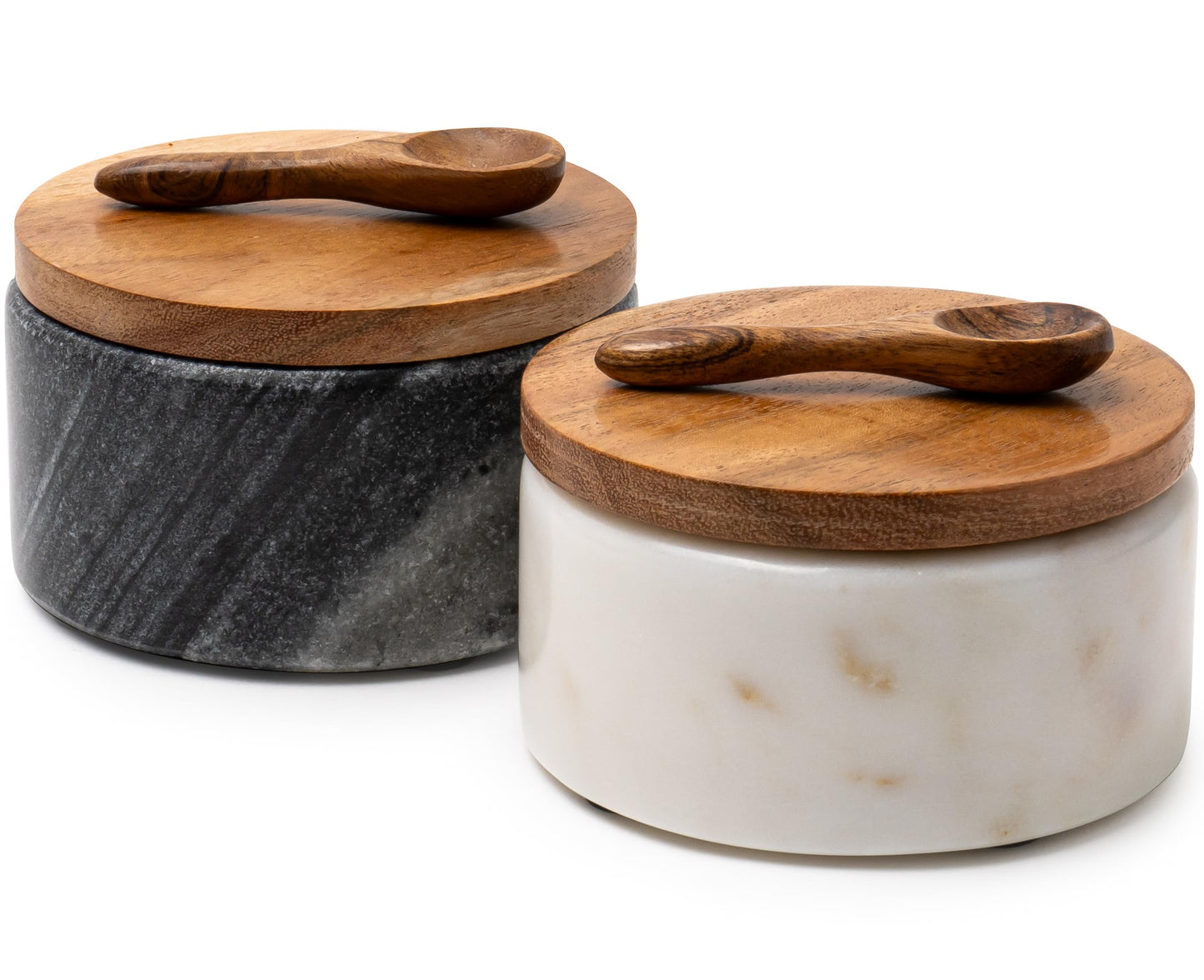 Cork & Mill Marble Salt and Pepper Bowls - Set of 2 Handcrafted White/Grey Solid Marble Salt and Pepper Cellars with Lids and Spoons - Elegant Containers for Countertop or Table
