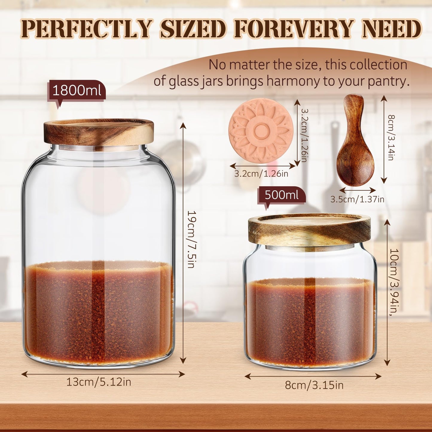 Maxdot 2 Pack Brown Sugar Keeper Container with Spoon, 500 ml / 0.53 Qt Glass Brown Sugar Storage Container with Wooden Spoon and Lid, Clear Glass Storage Jar for Baking, Salt and Snacks Saver