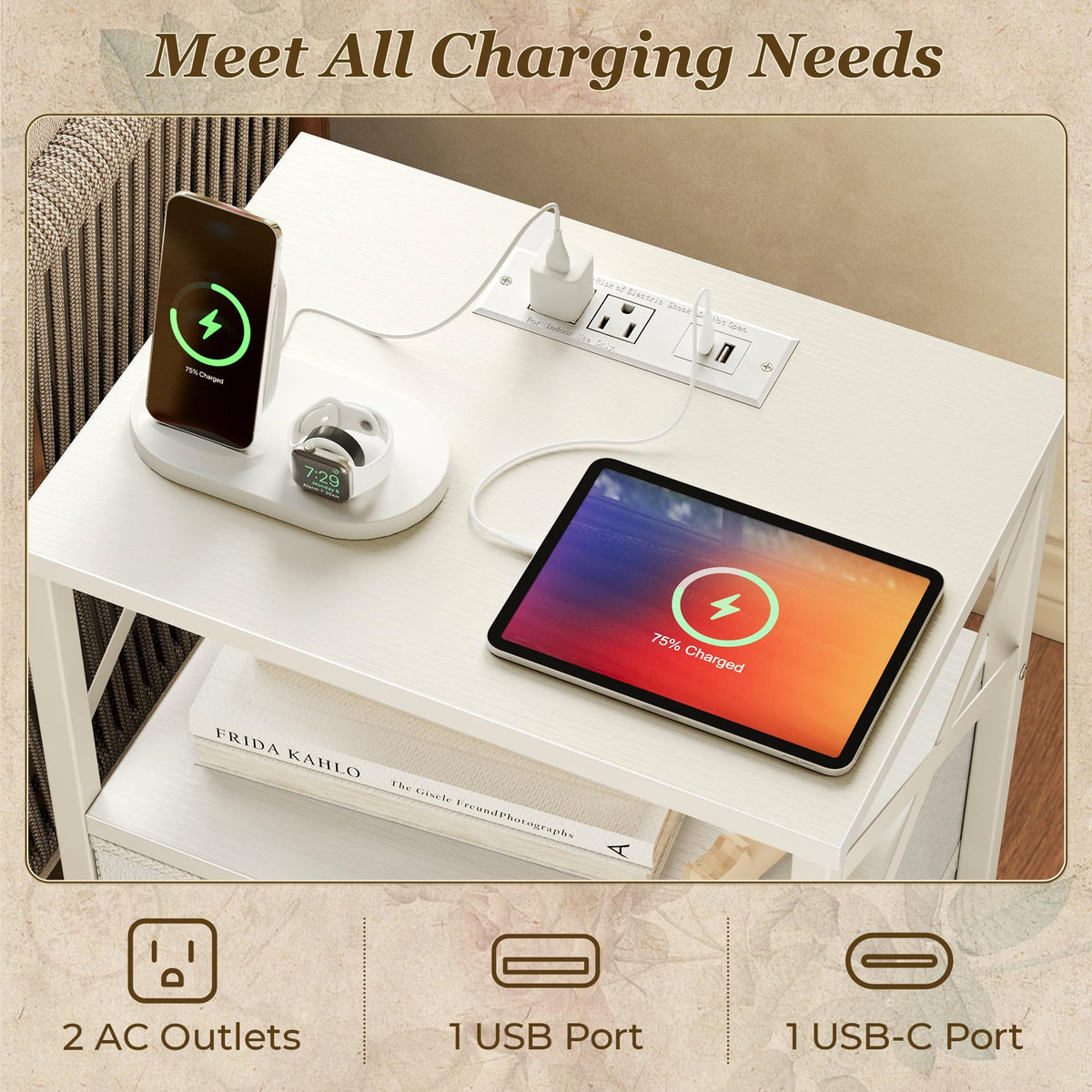 Huuger Nightstands Set of 2, Night Stand with Charger Station, 2 Drawer Side Table with Open Shelf, USB-C Port, End Table for Small Spaces, X Shaped Side Rail, White