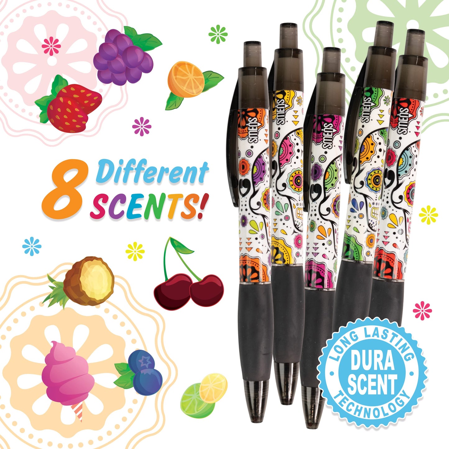 Sugar Skull Smens - Patented Gourmet Scented Pens, Black Ink, Medium Point - 8 Count