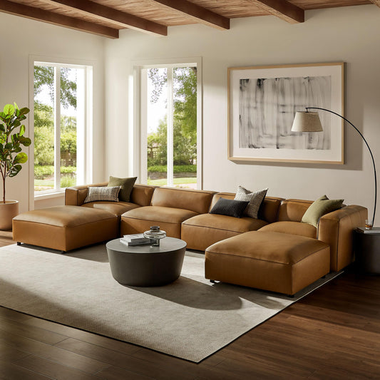 Modway Auren Vegan Leather 6 Piece Modular Sofa in Camel - Faux Leather 4 Seater Sectional - Comfy Modern L Shaped Sofa - Oversized Mid Century Modern Couch for Living Room