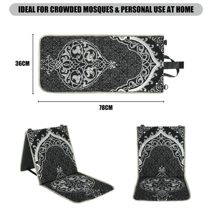 Qianliniuinc Portable Prayer Mat, Foldable Prayer Rug with Backrest, 36x78cm Islamic Prayer Mat, Includes Kufi Hat & 99 Beads Tasbih, Meditation Rug for Muslim, Ramadan Gift Set (Black)