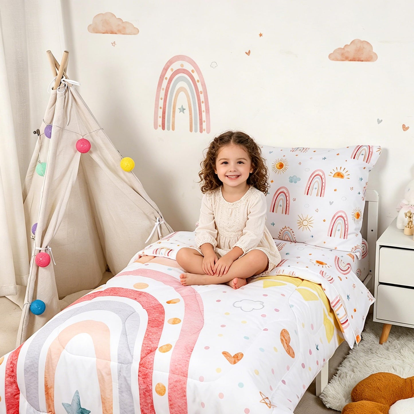 CARUILI Toddler Bedding Set for Girls 4 Piece Pink Rainbow Toddler Girl Bedding Set Super Soft & Lightweight Toddler Comforter Set Includes Comforter, Flat Sheet, Fitted Sheet, Pillowcase