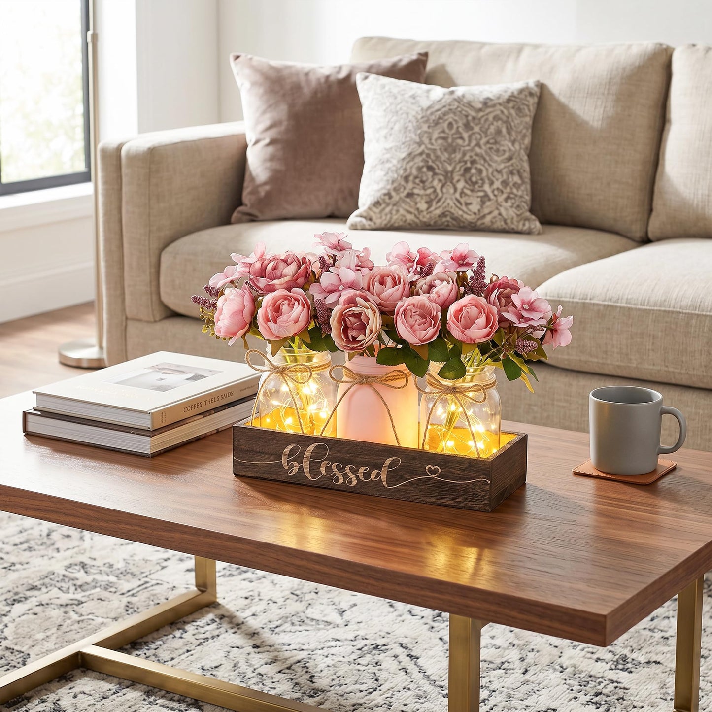 Fancyplus 3 Pcs Mason Jar Centerpiece with Wood Tray & LED Light, Farmhouse Table Decor for Dining Room Kitchen Living Bathroom, Pink