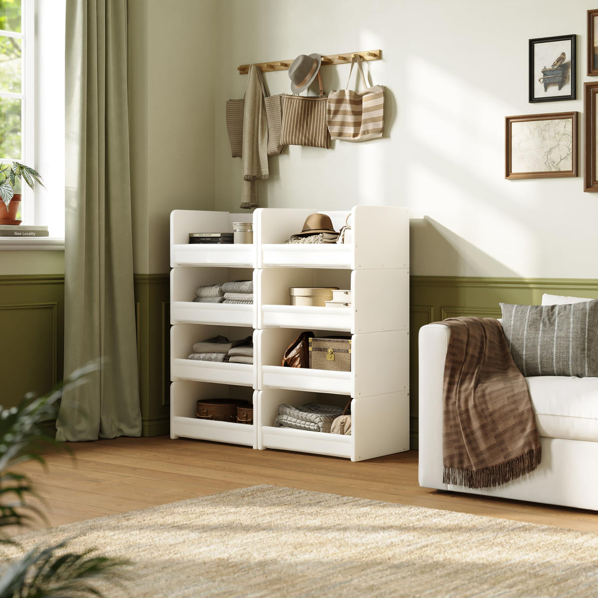 FOUCSSOMEI Closet Organizers and Storage, Stackable Closet Organizer, Wooden Frame with Polyester Fabric Shelves, Large Capacity Closet Shelf Organizer for Folded Clothes, White,Patent Design