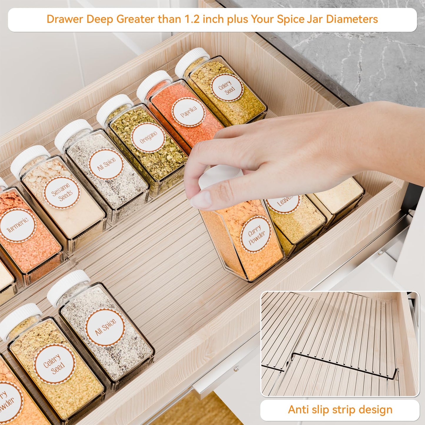 Yieach 8 Pack Adjustable Narrow Spice Rack for Drawer - Expandable From 9" to 17.7" - Acrylic Drawer Seasoning Organizer,Tiered Clear Spice Tray for Spices,Condiment,Nail Polish and Jar Organization