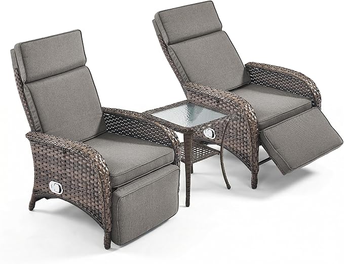 3 Pieces Zero Gravity Wicker Patio Recliner Chairs Set of 2 - Wicker Outdoor Lounge Chair with Side Table, Adjustable Backrest & Footrest, High Back Outdoor Recliner Chair for Pool Deck Gray