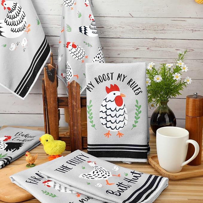 Boyiee Set of 6 Farm Chickens Kitchen Towels Farmhouse Absorbent Dish Tea