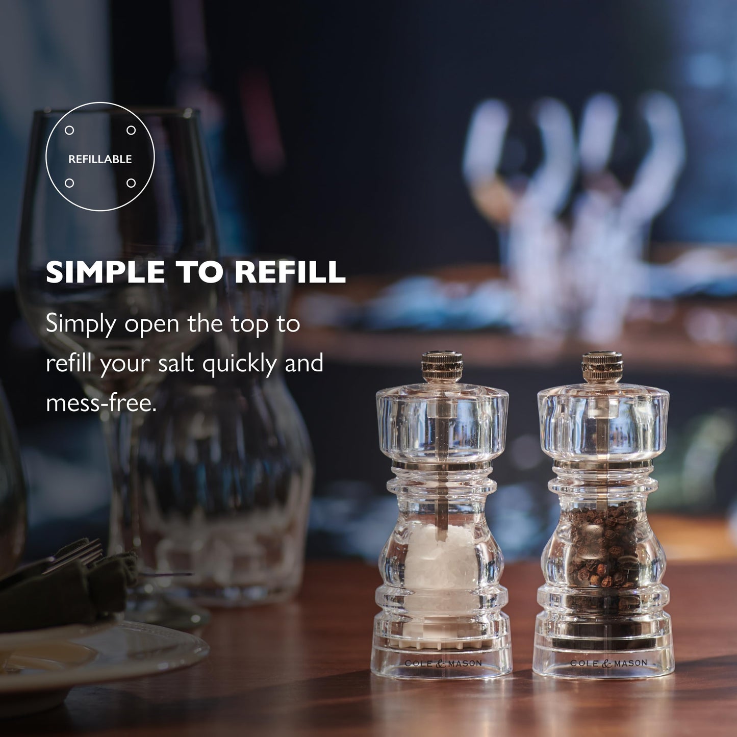 Cole & Mason London Acrylic Salt and Pepper Mill Set, 130mm, Precision+ Carbon/Ceramic Mechanisms, Salt and Pepper Grinders with Adjustable Grind, Gift Set