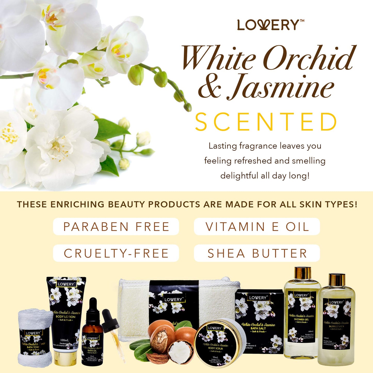 Christmas Gift Baskets for women Mom Christmas Gifts, Bath and Body Spa Set– Orchid & Jasmine Home Spa Set With Body Scrubs, Lotions, Oils, Gels and More - Care Package for Women & Men - 9 Piece Set