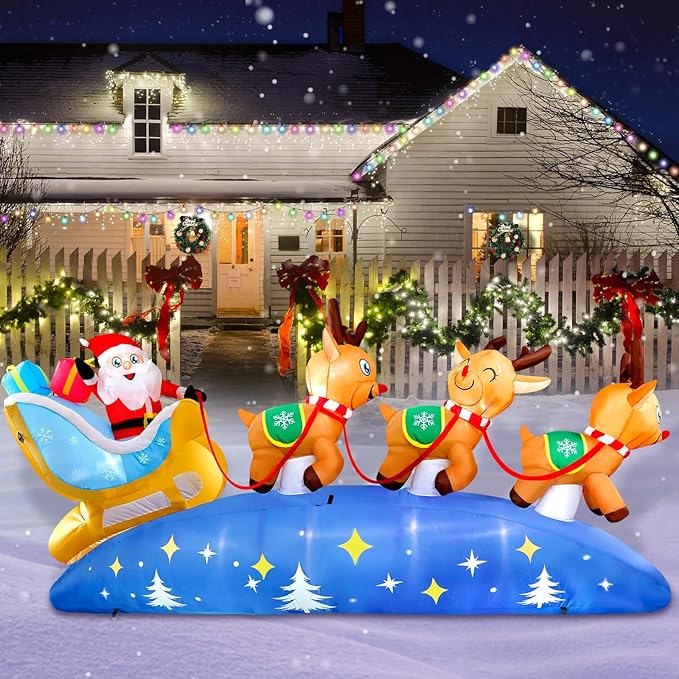 9.5FT Christmas Inflatables Outdoor Decorations Santa Claus on Sleigh with 3 Reindeer Christmas Blow ups Built in LED Lights Inflatable Christmas Decorations for Holiday Garden Lawn