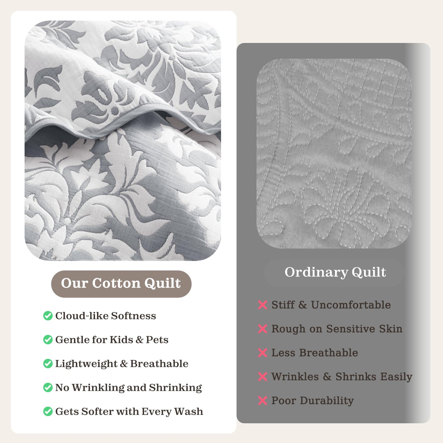 Exclusivo Mezcla Cotton Quilts King Size Grey, Soft Lightweight Bedspread Breathable Prewashed Bed Coverlet with 2 Pillow Shams, Boho Pattern Yarn Dyed Muslin Quilt Bedding Set for All Seasons