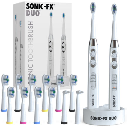 Sonic-FX Duo Rechargeable Electric Toothbrush Set - with 14 Brush Heads, 3 Modes, Smart Auto-Timer, Charging Dock Holder - Dual Handle Electric Tooth Brush for Adults & Kids, Black and White