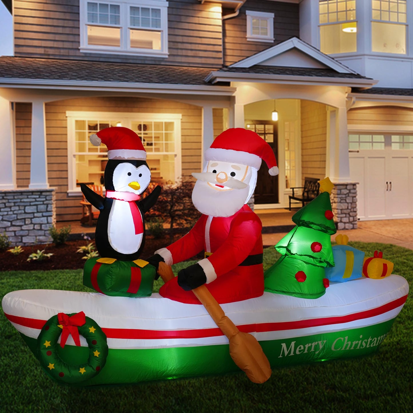 Double Couple 7FT Christmas Inflatable Santa Rowing Boat with Penguin/Christmas Tree/Gifts/Garlands Xmas Blow Up with Build-in LEDs Lights for Outside Indoor Party Garden Lawn
