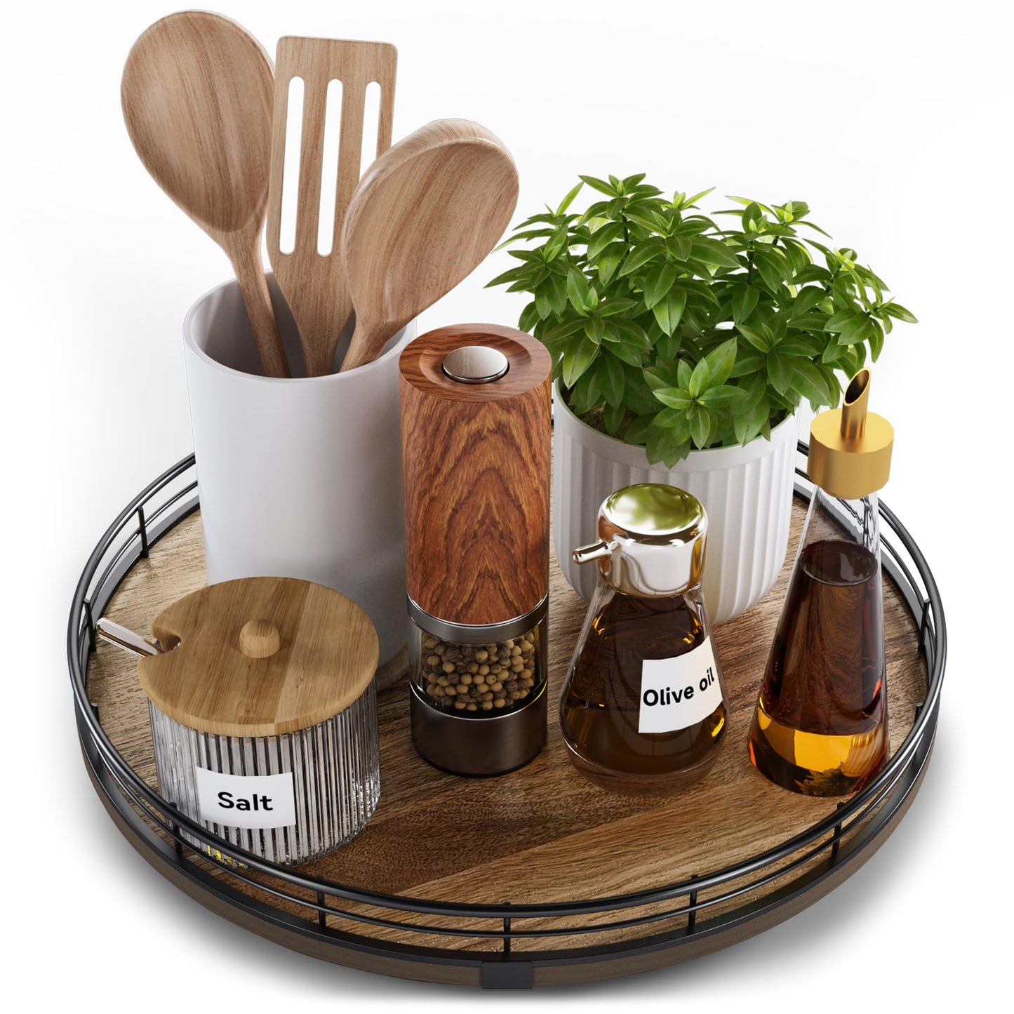 Acacia Wood 12" Lazy Susan Turntable Organizer for Table Top, Farmhouse Round Wooden Lazy Susan for Cabinet Kitchen Centerpieces Coffee Table, for Condiments Spices, Bathroom Vanity Tray Decor