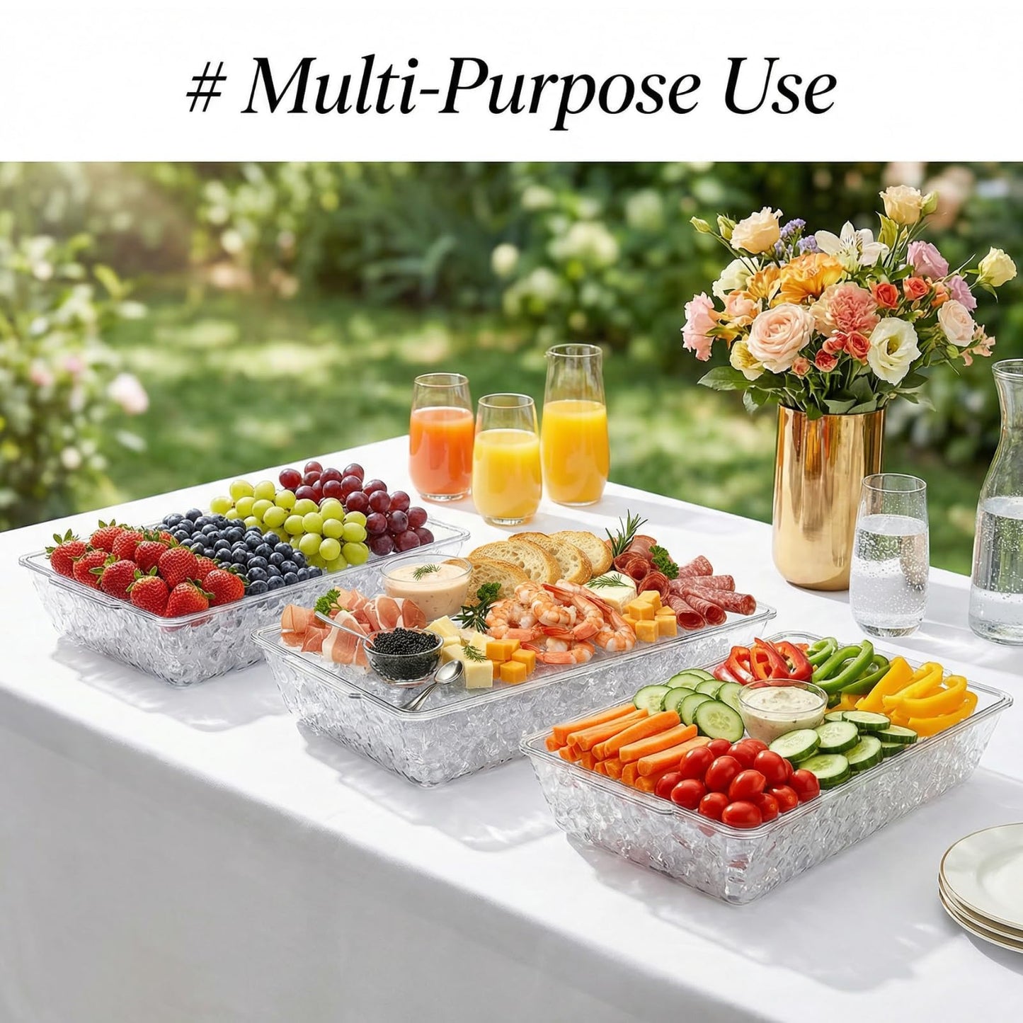 ZENFUN 2 Pack Ice Chilled Serving Tray, Plastic Chilled Party Platter for Fruit, Veggie Trays Large Removable Serving Tray for Cold Dish, Ideal for Appetizers, Seafood, Desserts, Charcuterie Board