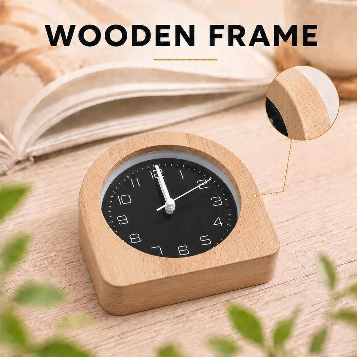 bakbrand Analog Alarm Clock 5" Silent Non-Ticking Small Solid Wood Desk Clocks Battery Operated Simple Style Retro Table Clock for Office/Bedroom/Kitchen/School/Bedside/Shelf (Light Wood, Arch)