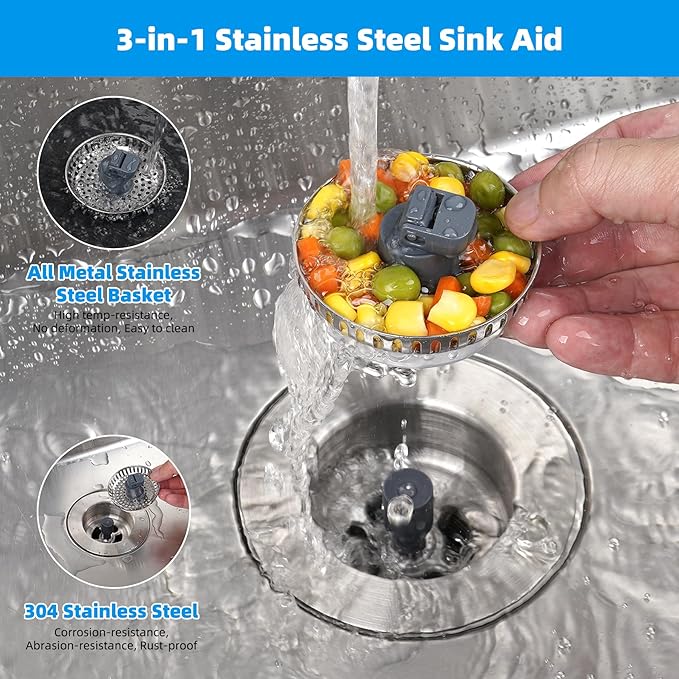 Hibbent 3 in 1 Kitchen Sink Drain Strainer, Stainless Steel Wrapped Shell Drain