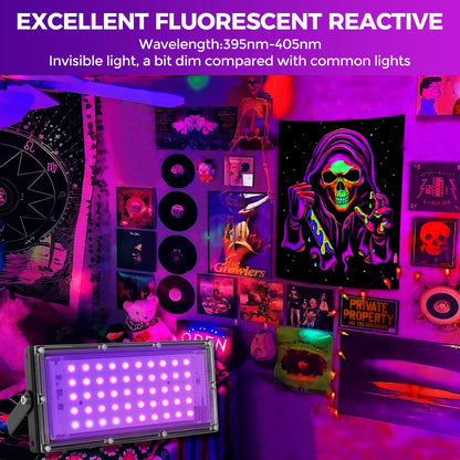Waygor 50W LED Black Lights for Glow Party, IP65 Waterproof UV Blacklight Floodlight 395nm Black Light Spotlight Purple Black Light Flood Light Fluorescent UV Light Lamp for Halloween Decor (4 Pack)
