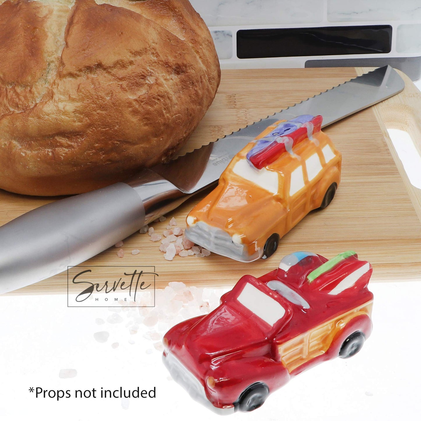 Novelty Ceramic Salt and Pepper Shaker Set Travel Beach Theme - Retro Cars with Surfboard
