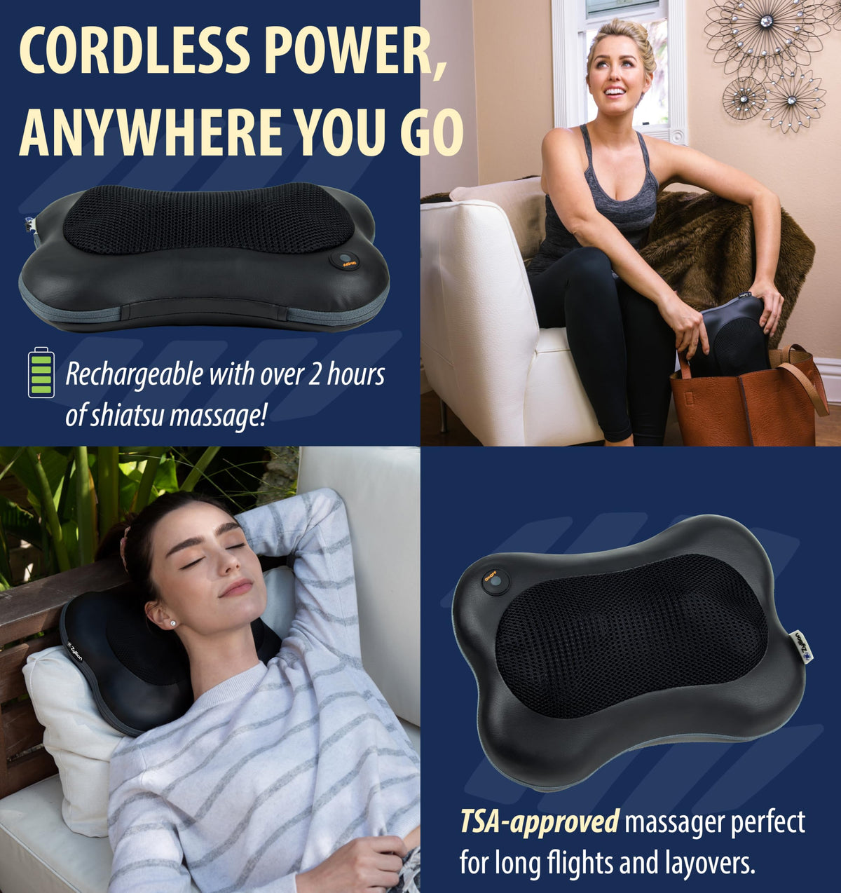 Zyllion Shiatsu Back and Neck Massager with Heat (FSA HSA Eligible) Cordless Rechargeable 3D Electric Kneading Deep Tissue Massage Pillow for Muscle Pain Relief on Shoulder, Leg, Foot ZMA-13RB
