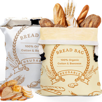 2 Pack Beeswax Bread Bags for Sourdough & Homemade Bread - Natural Cotton Sourdough Reusable Beeswax Food Storage Bag, Freezer-Safe, Keep Bread Fresh