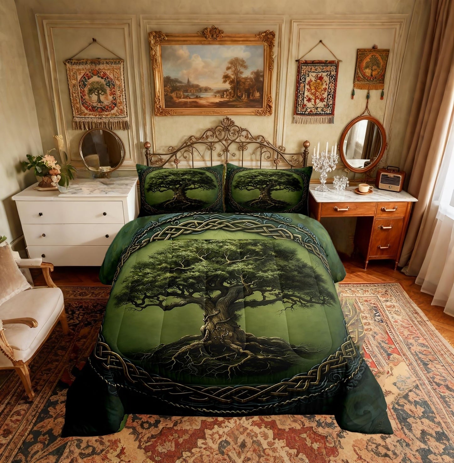 Tree of Life Teens Comforter Set,Boho Tribal Tree Branches Mystic Green Bedding Set All Season,Exotic Style Geometric Circle Mandala Comforter 3 Pcs with 2 Pillowcases,Queen Size