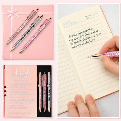 Resurhang 5 Pcs School Social Worker Must Haves Office Supplies Graduation Gift Leather Journal Notebook 3 Ballpoint Pens with Box Thank You Social Work Appreciation Gift for BSW MSW DSW(Pink)